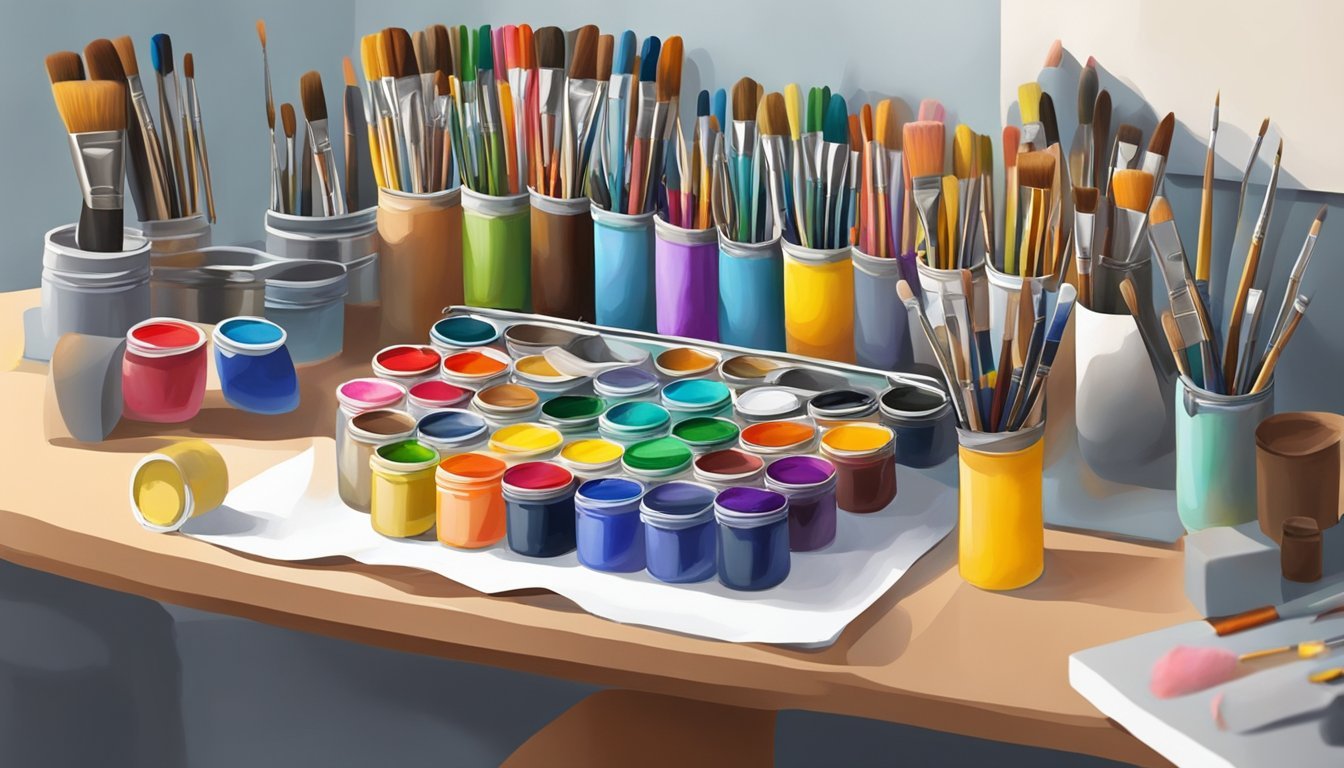 A colorful array of acrylic paint tubes and brushes on a clean, organized art studio desk