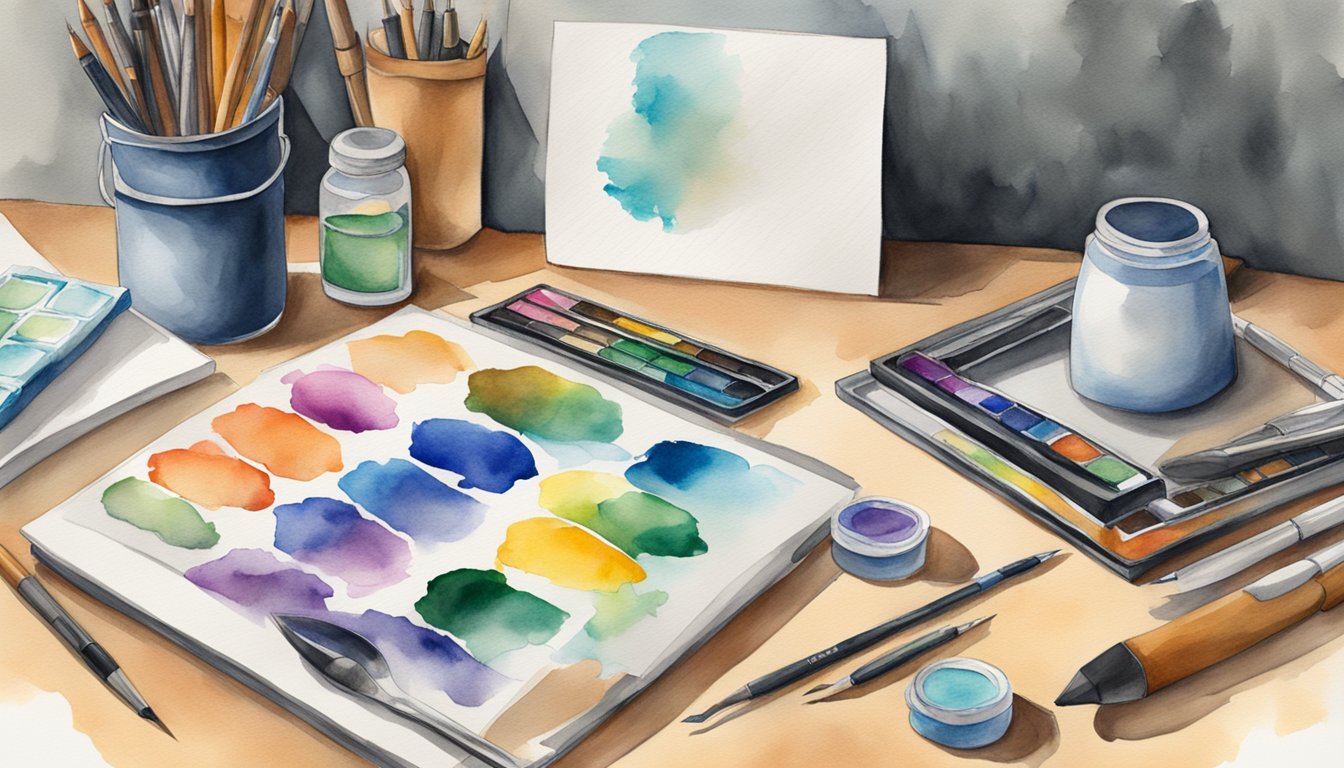 A table with a stack of Strathmore 400 Series Watercolor Paper surrounded by various art supplies and tools