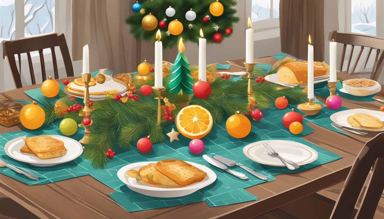 A festive table with a completed photo puzzle, surrounded by holiday decorations and gift-wrapping materials