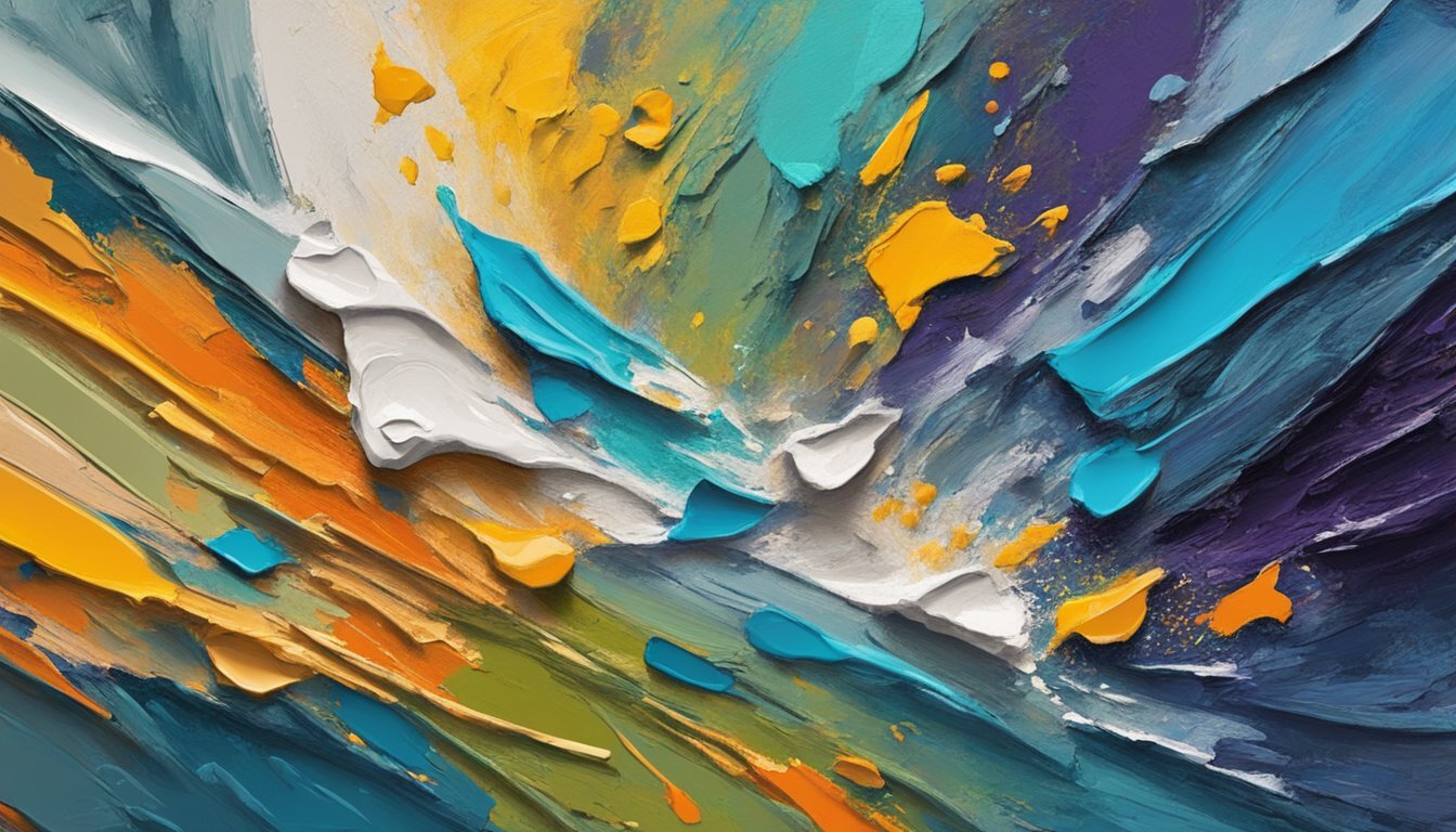 A palette knife scrapes through layers of paint, revealing contrasting colors and creating a textured effect on the canvas