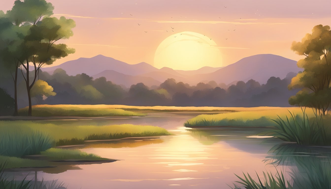 A serene landscape with a tranquil pond surrounded by lush greenery, reflecting the warm glow of the setting sun, using a limited palette to create harmony