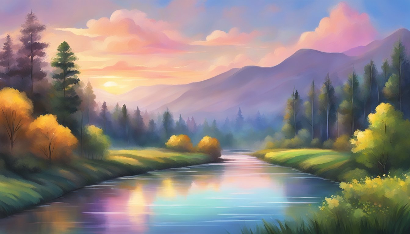 A serene landscape with a flowing river, lush trees, and a colorful sky, showcasing the blending and layering techniques of wet-on-wet painting