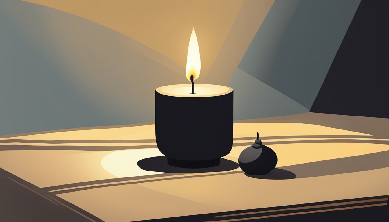A solitary candle casts deep shadows in a dimly lit room, illuminating a dramatic still life of contrasting light and dark objects