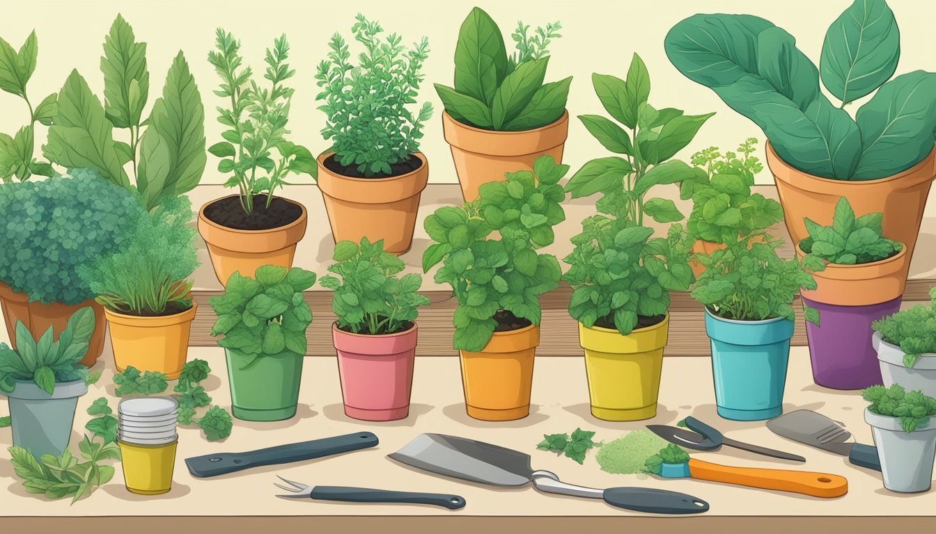 A table with a variety of herb plants in small pots, surrounded by gardening tools and colorful packaging for a DIY herb garden kit