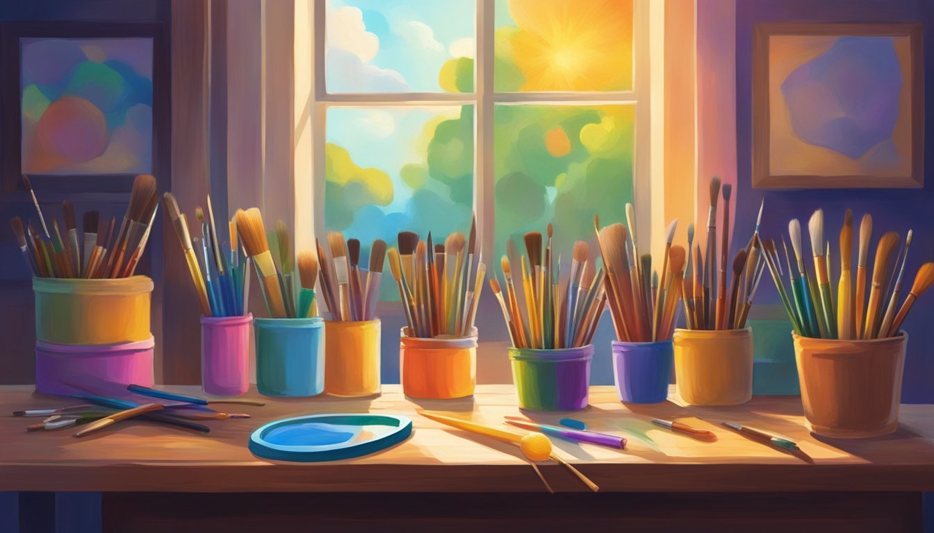A palette of vibrant colors arranged on a wooden table, surrounded by various paintbrushes of different sizes and shapes.</p><p>Light streams in through a nearby window, casting a warm glow on the scene