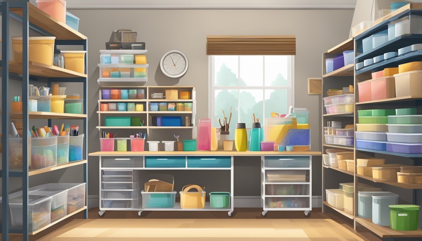 A neatly organized craft room with labeled bins, shelves, and drawers for supplies.</p><p>A work table with tools and materials neatly arranged