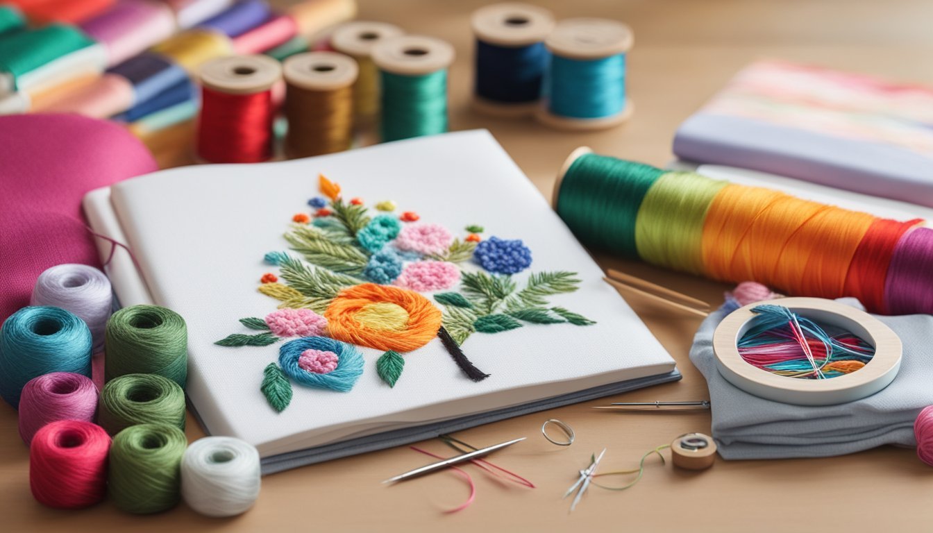 A table with an embroidery starter kit, colorful thread, needles, and fabric.</p><p>A holiday-themed pattern book and a gift box nearby