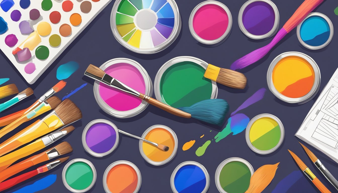 A vibrant palette of paint tubes arranged in a gradient, surrounded by color theory reference books and a color wheel.</p><p>A painter's hand holding a brush poised to mix colors
