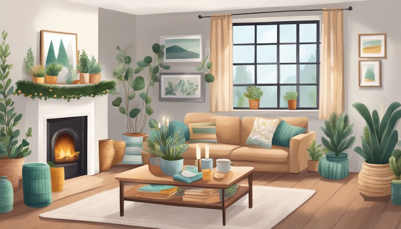 A cozy living room adorned with handmade gifts: knitted scarves, painted mugs, scented candles, potted plants, and personalized photo frames