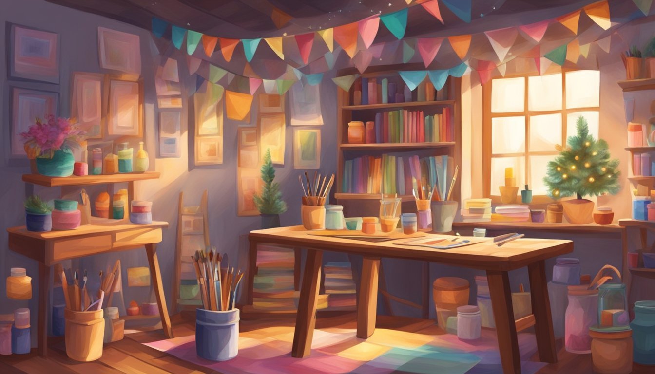 A table with various craft supplies: ribbons, papers, paints, brushes, and jars.</p><p>A cozy room with soft lighting and a festive atmosphere