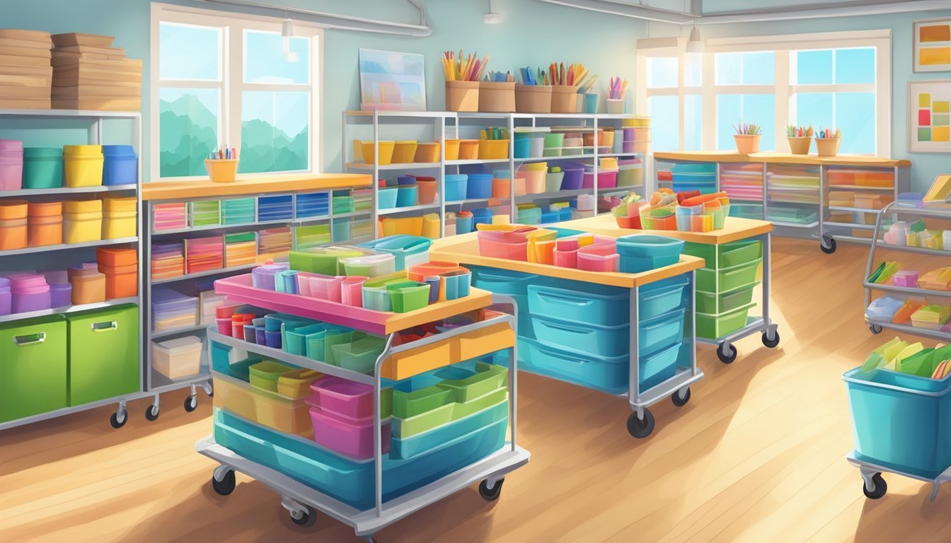 Colorful rolling carts filled with neatly organized craft supplies in a bright, spacious room with plenty of natural light
