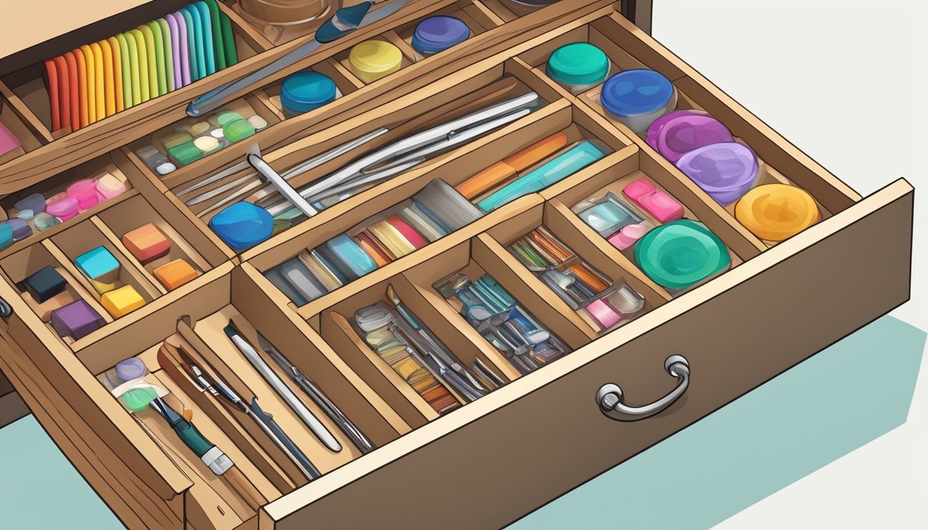 A cluttered drawer with various craft supplies neatly organized into sections using drawer dividers