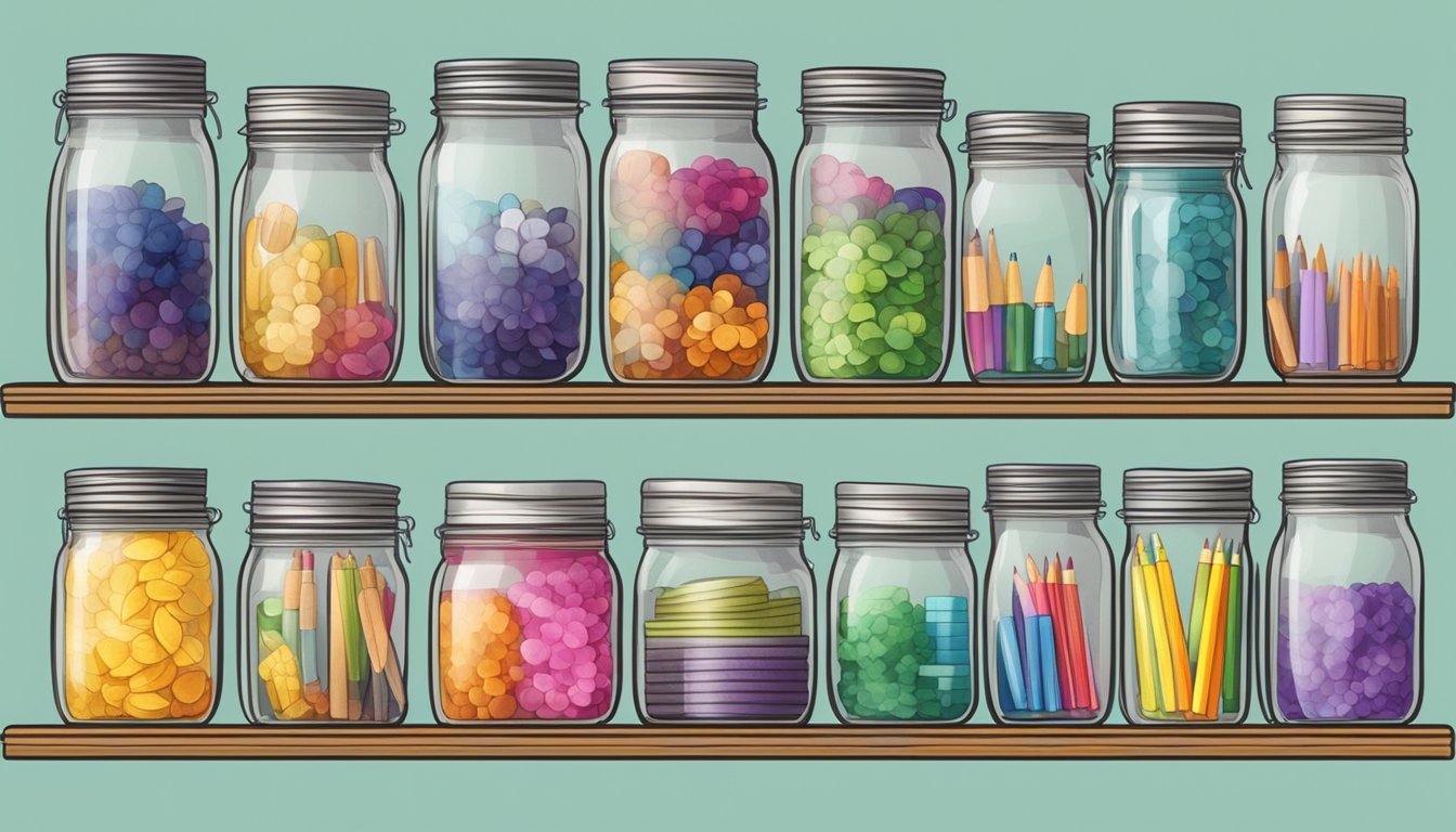 Several mason jars with lids filled with colorful craft supplies neatly organized on a shelf, showcasing a professional and creative way to store art materials