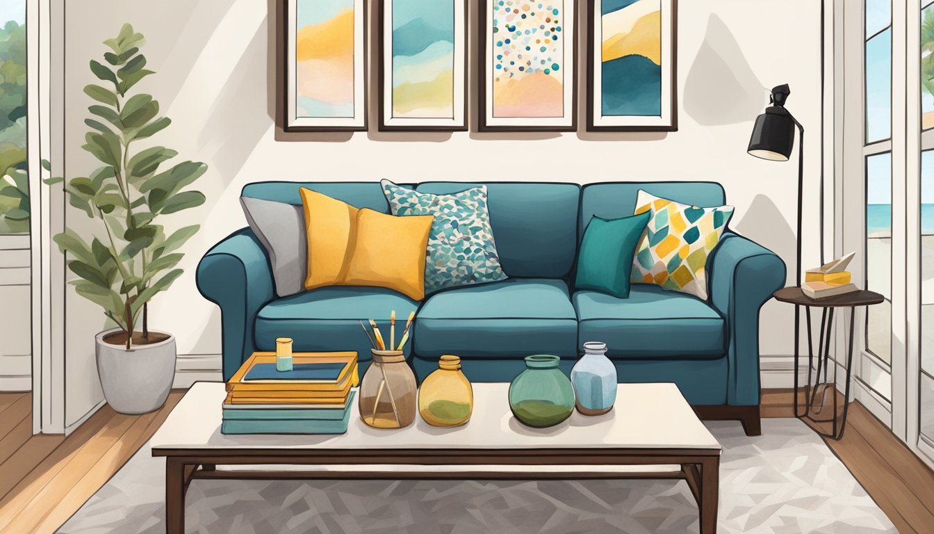 A cozy living room with handmade throw pillows, painted vases, and framed DIY artwork.</p><p>A table holds jars of colorful beads, yarn, and paintbrushes