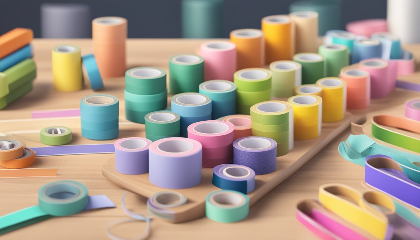 Colorful washi tape dispensers neatly arranged on a clean, organized craft table with various craft supplies in the background