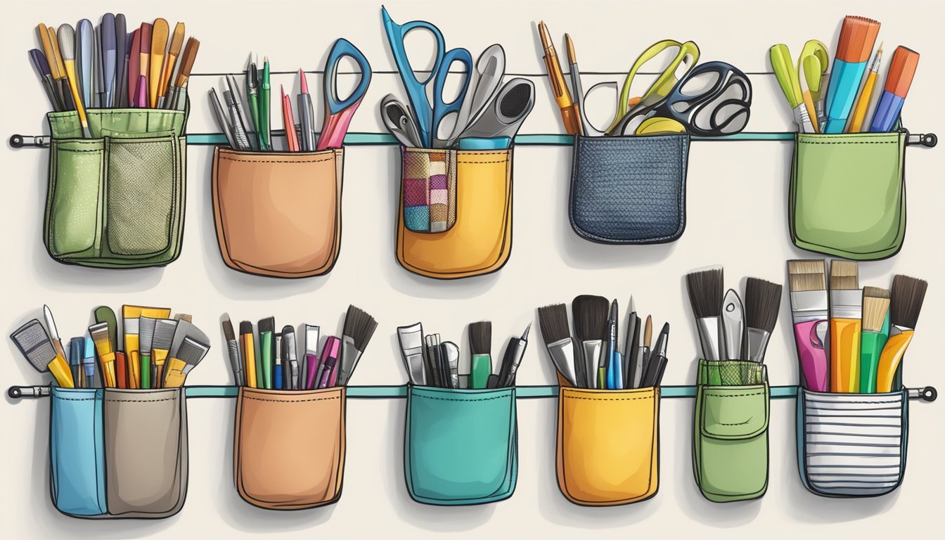 A wall-mounted shoe organizer filled with neatly arranged craft supplies, such as paintbrushes, scissors, and markers, with each pocket labeled for easy access