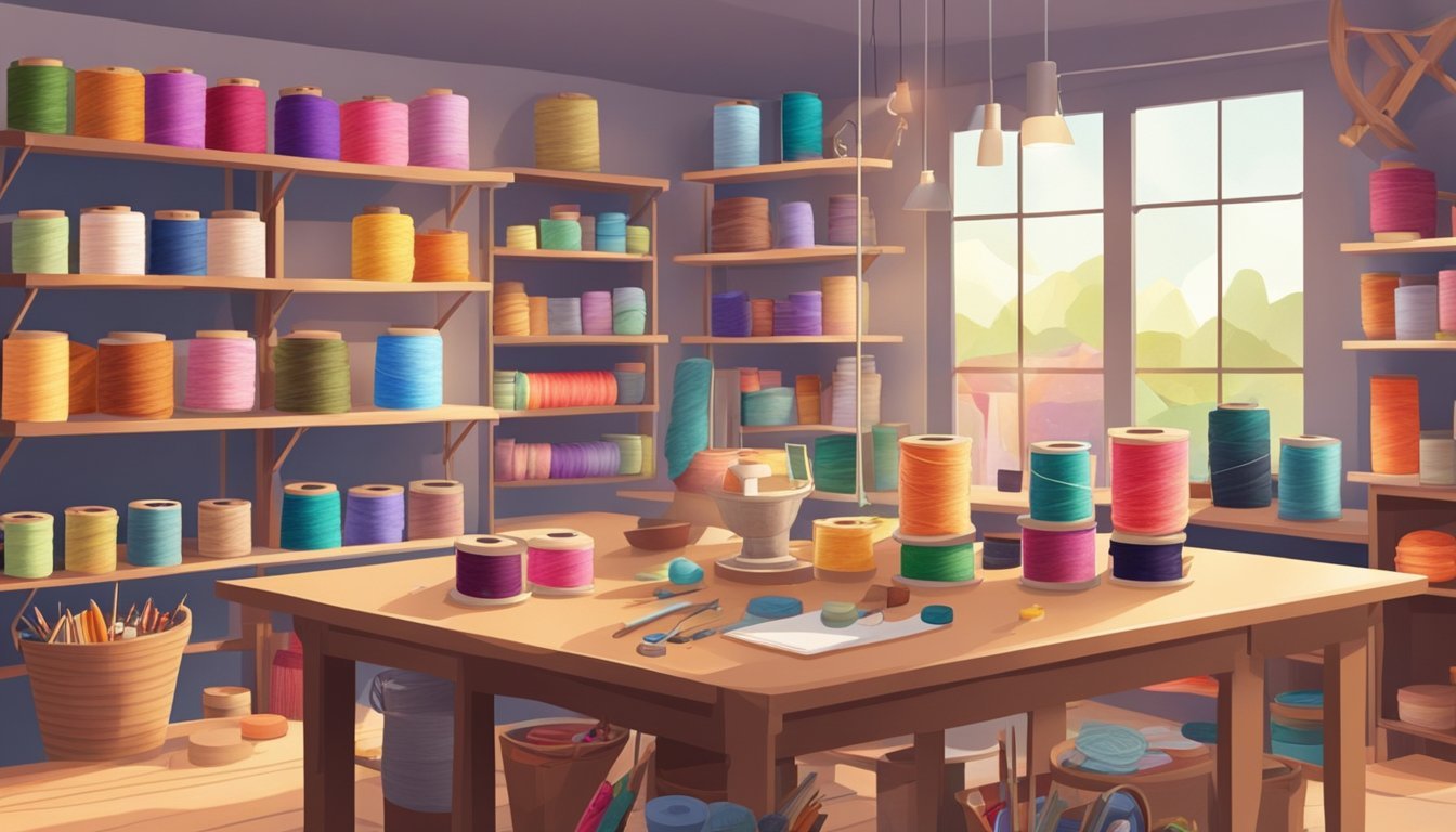 A well-lit craft room with shelves neatly organized with colorful yarn, spools of thread, and various crafting tools.</p><p>A large table is clutter-free, ready for creative projects