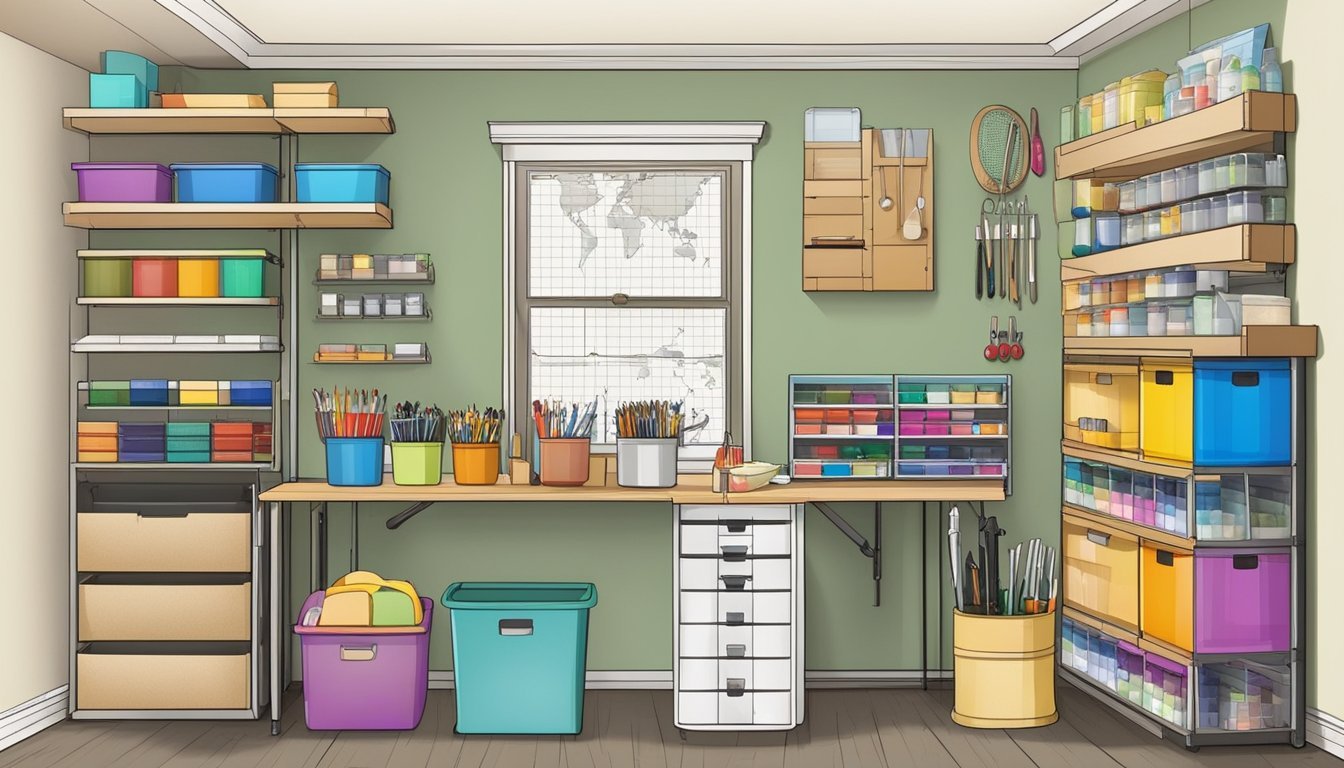 A neatly organized craft room with labeled bins, shelves, and drawers for various art supplies.</p><p>A pegboard displays hanging tools and a work table is clutter-free