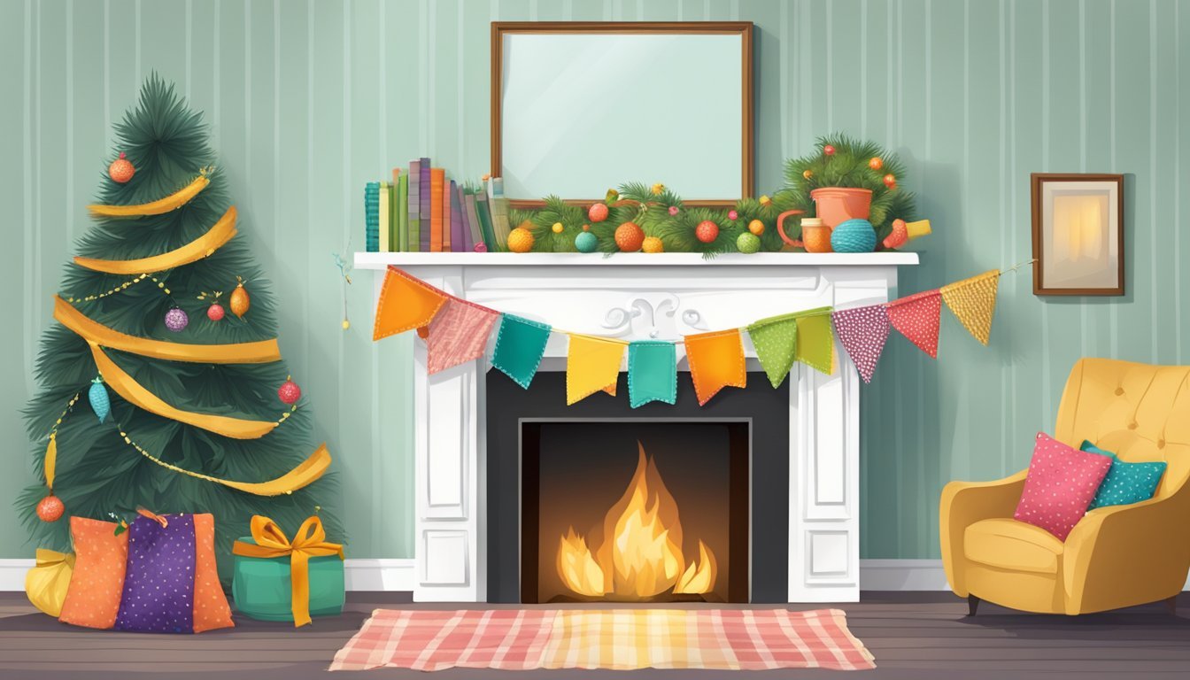 A cozy living room with fabric scrap bunting draped across the fireplace mantel, adding a colorful and festive touch to the home decor