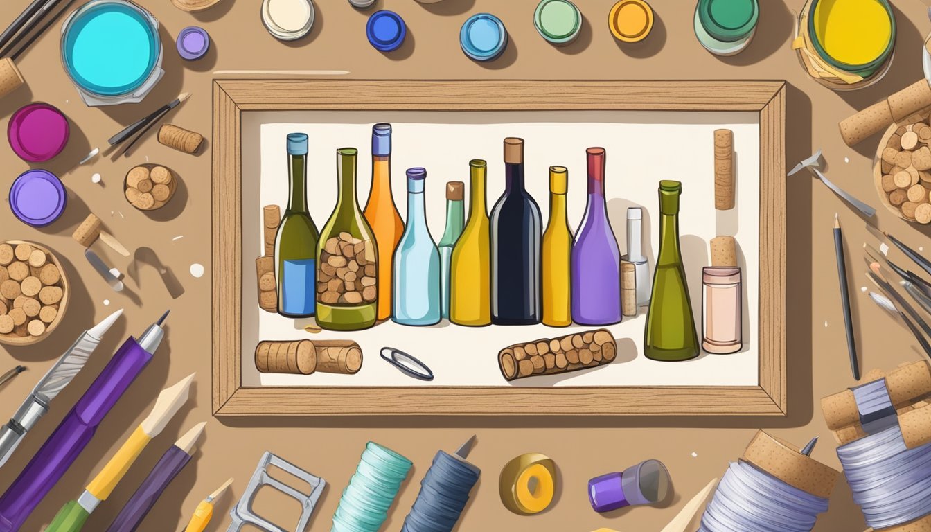 A wine cork picture frame being assembled with glue and arranged on a table with various craft supplies scattered around