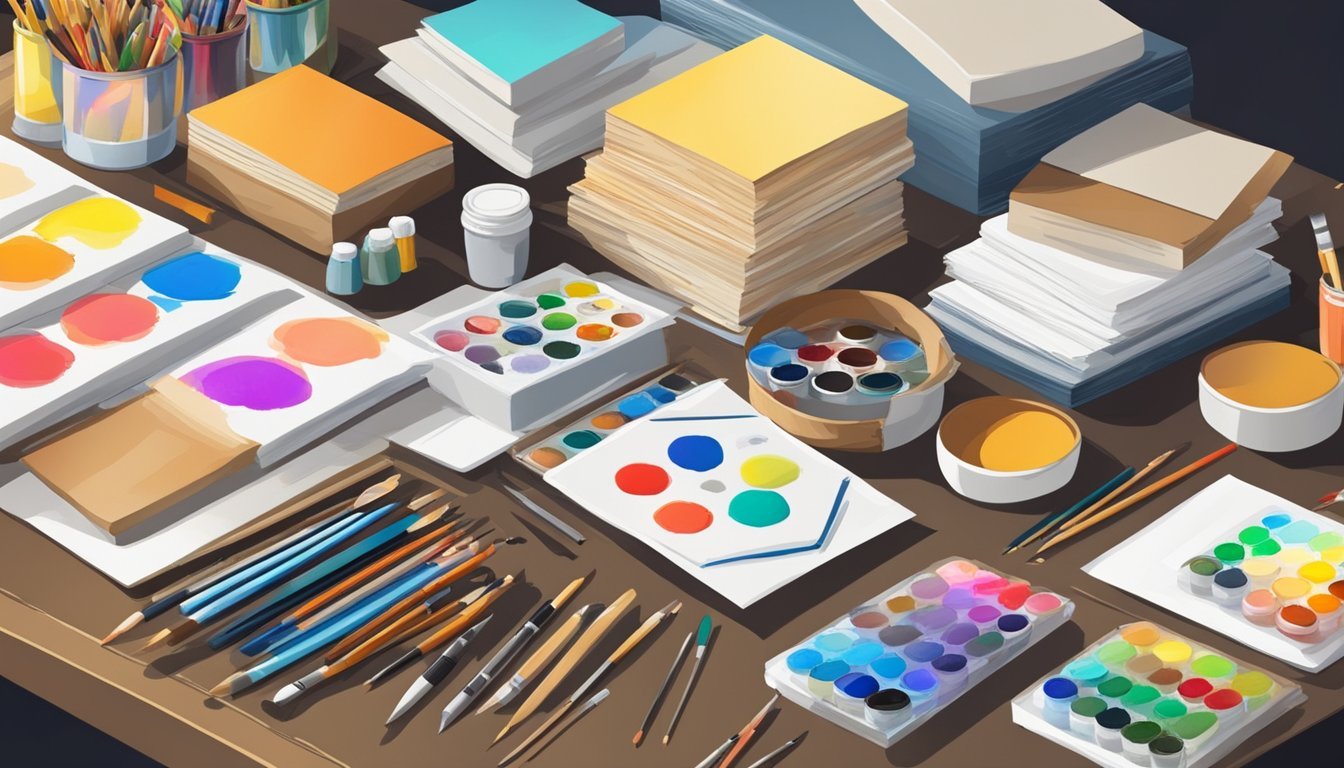 A table with various art supplies: paints, pencils, markers, and brushes.</p><p>Different types of paper and canvas boards are stacked nearby