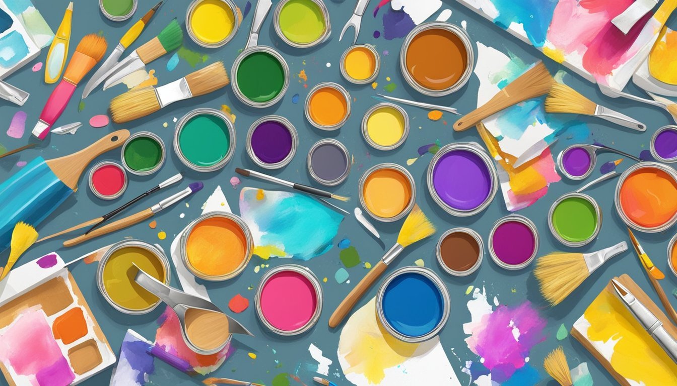 Vibrant paint-splattered canvases scattered on a table surrounded by various craft supplies like paintbrushes, scissors, and glue