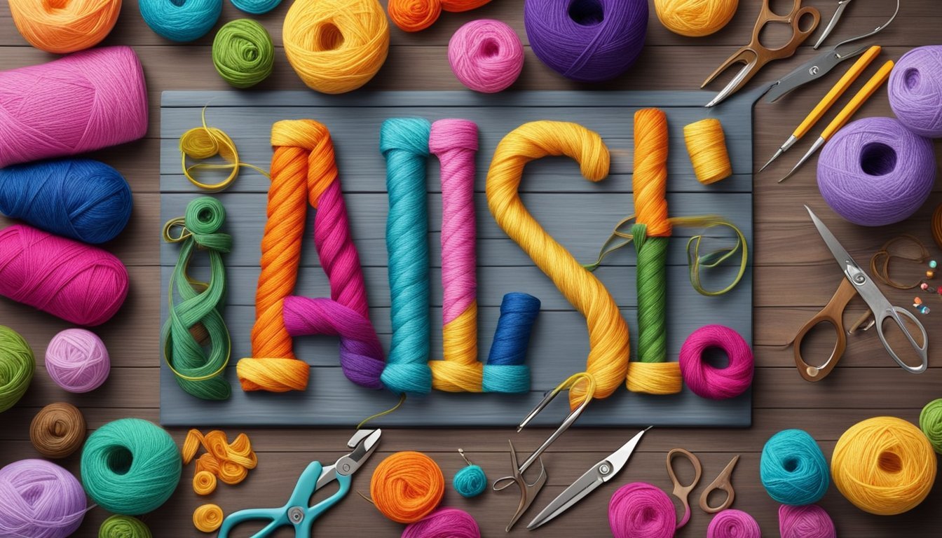 Colorful yarn-wrapped letters arranged on a wooden table, surrounded by various craft supplies like scissors, glue, and paintbrushes