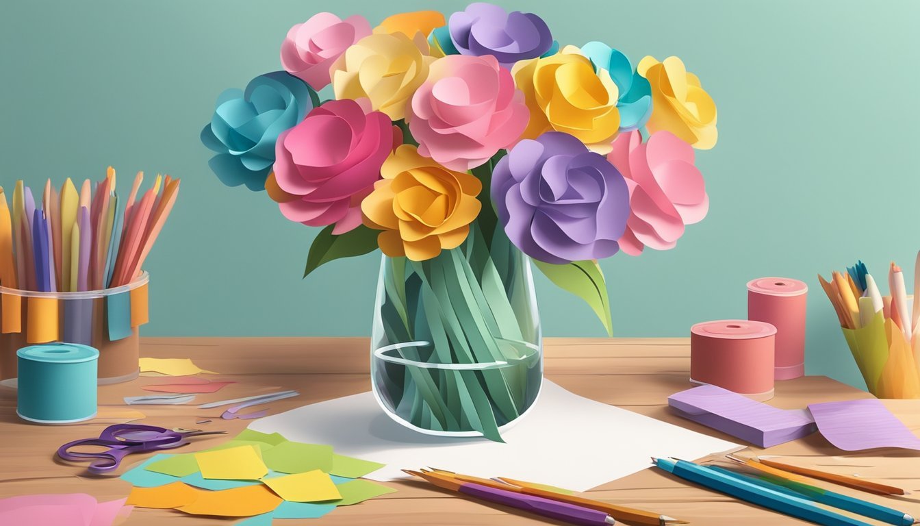 A colorful bouquet of paper flowers arranged in a glass vase, sitting on a wooden table surrounded by craft supplies like scissors, glue, and colorful paper