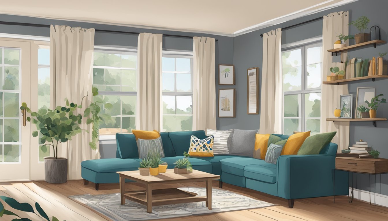 A cozy living room with handmade throw pillows, a painted accent wall, and DIY wall art made from recycled materials