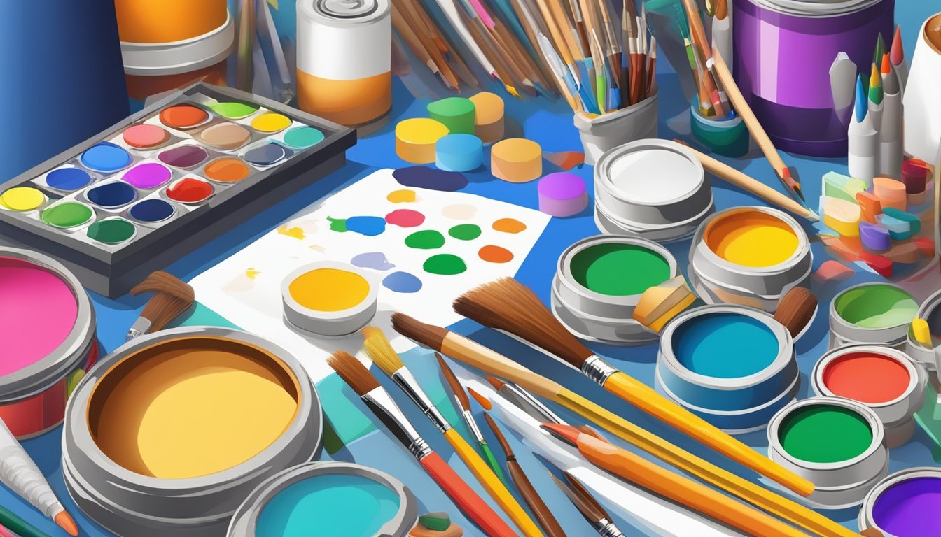 A colorful array of art supplies spread across a table, including paintbrushes, pencils, markers, and tubes of paint.</p><p>A blank canvas sits nearby, ready to be transformed into a work of art