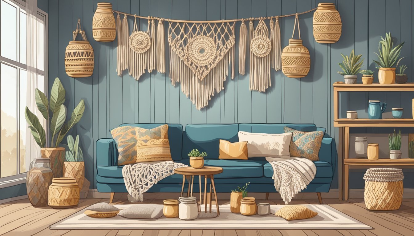 A cozy living room with handcrafted throw pillows, painted mason jar vases, and a handmade macrame wall hanging.</p><p>Craft supplies scattered on a wooden table