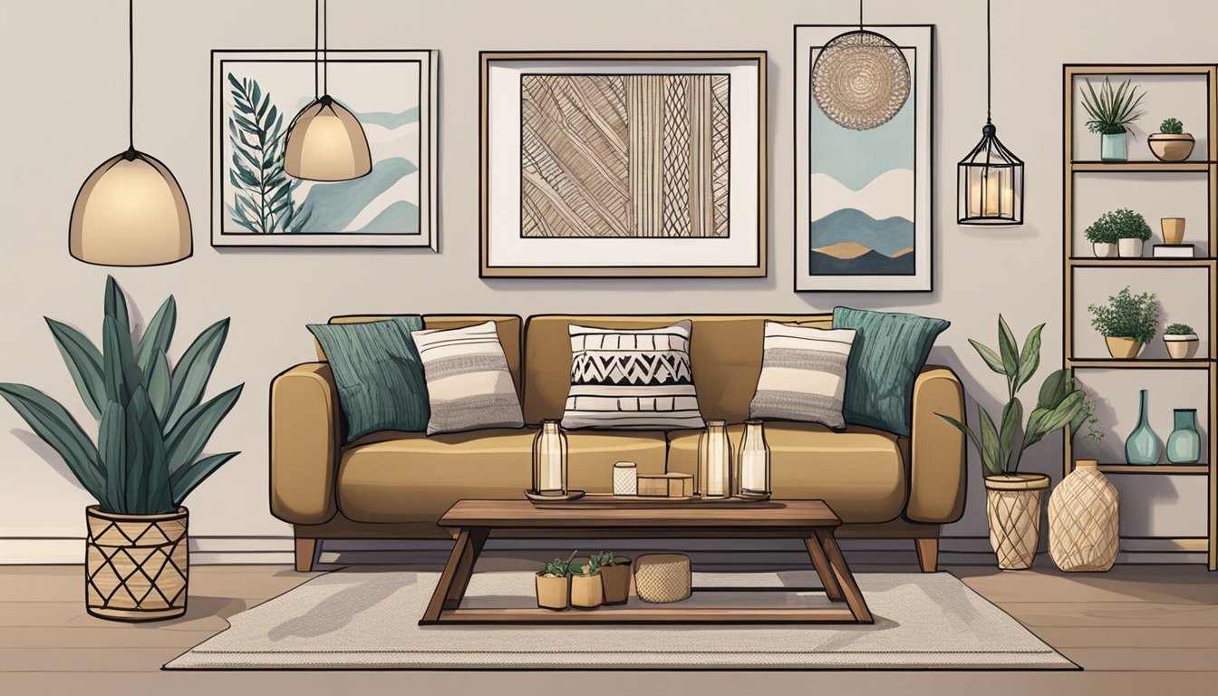 A cozy living room with handmade throw pillows, painted vases, and macrame wall hangings.</p><p>A table with DIY candles and a shelf displaying handcrafted photo frames