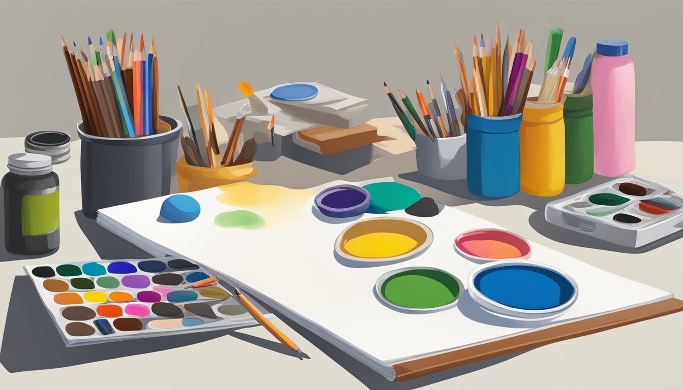 A table with various art mediums such as paint, pencils, markers, and clay arranged neatly with a blank canvas and sketchbook nearby