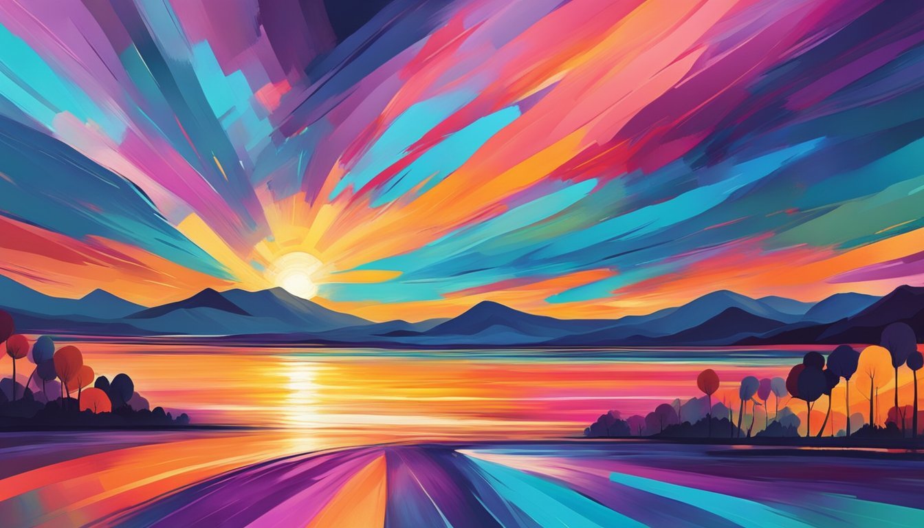 Vibrant colors blend across the canvas, creating a dynamic abstract sunset scene with bold brushstrokes and playful textures