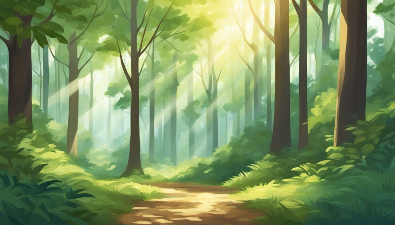 A serene forest with sunlight filtering through the leaves, creating dappled patterns on the forest floor.</p><p>Tall trees and lush greenery create a peaceful and dreamy atmosphere