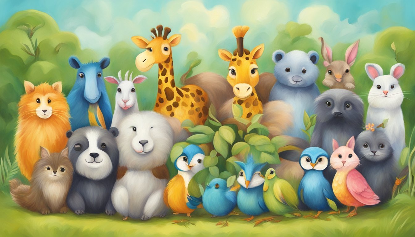 A group of whimsical animals painted on canvas in various settings, showcasing playful and colorful expressions