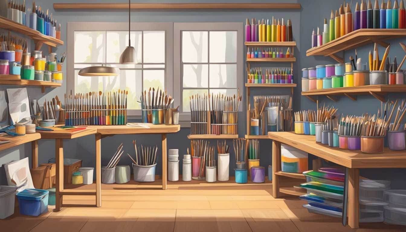 A tidy, well-organized art studio with neatly arranged paintbrushes, pristine palettes, and carefully stored tubes of paint.</p><p>A shelf holds sketchbooks and drawing supplies, all in top condition