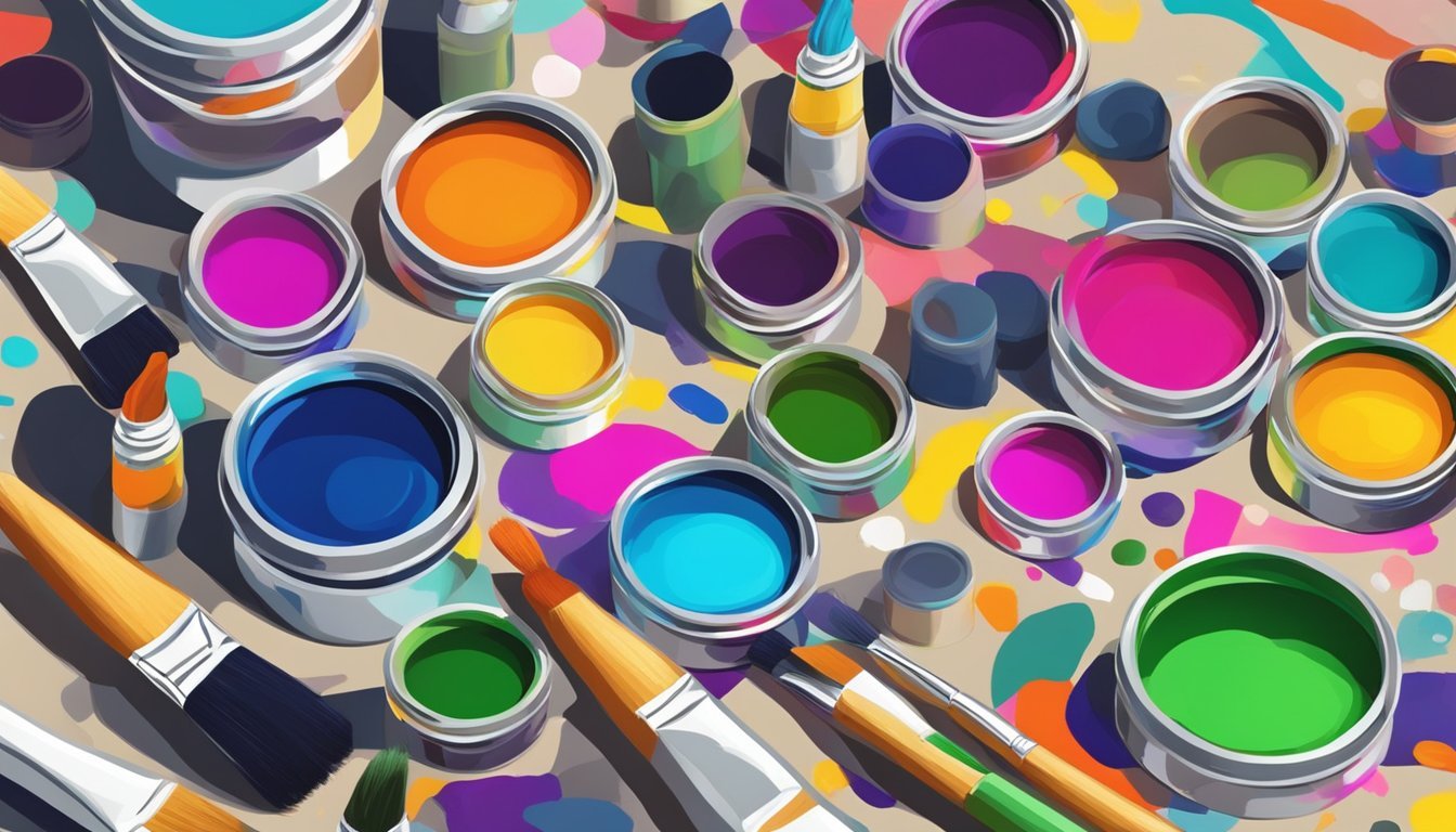 Vibrant paint tubes and brushes scattered on a clean canvas with abstract shapes and patterns