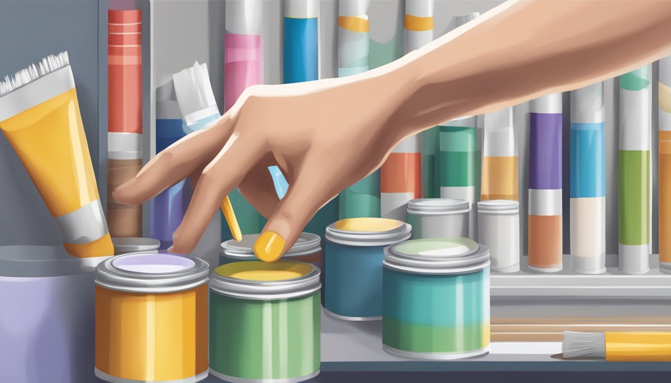 A hand reaching for a tightly sealed tube of paint on a clean, organized art supply shelf