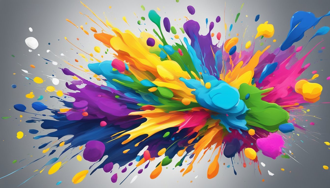 Vibrant paint splatters cover a canvas, creating a dynamic and colorful abstract composition