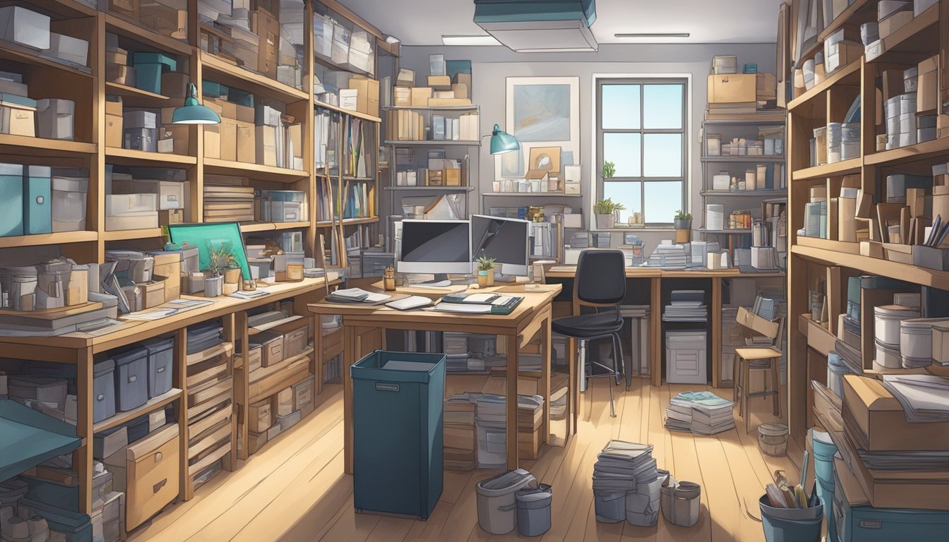 A cluttered art studio with neatly organized archival storage boxes and various art supplies kept in top condition on shelves and workstations