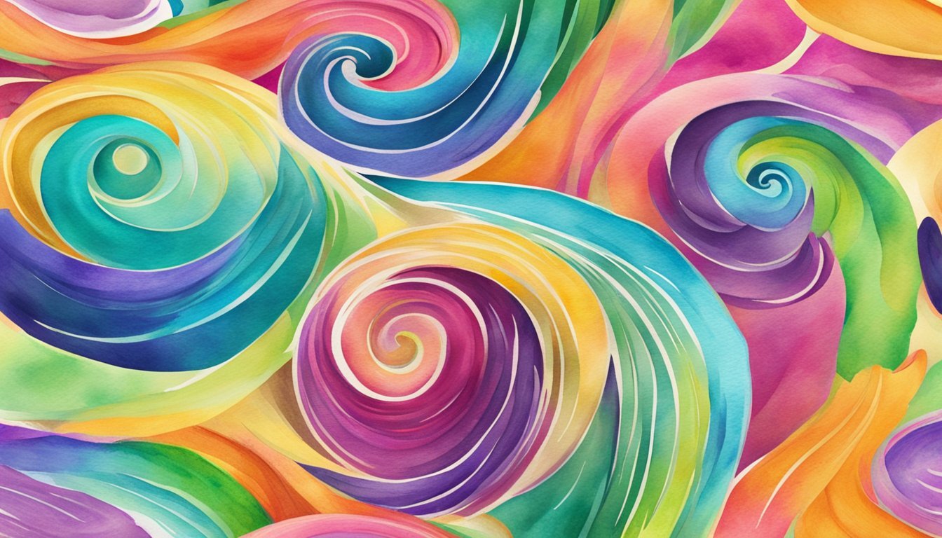 A paintbrush creating vibrant watercolor swirls on textured paper