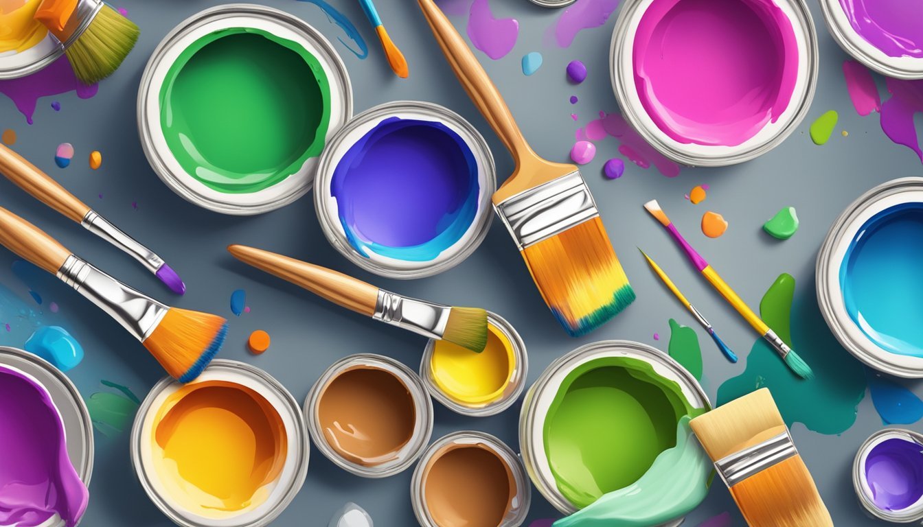 A colorful array of paint tubes and brushes scattered around a blank canvas, with a palette of vibrant colors mixing together