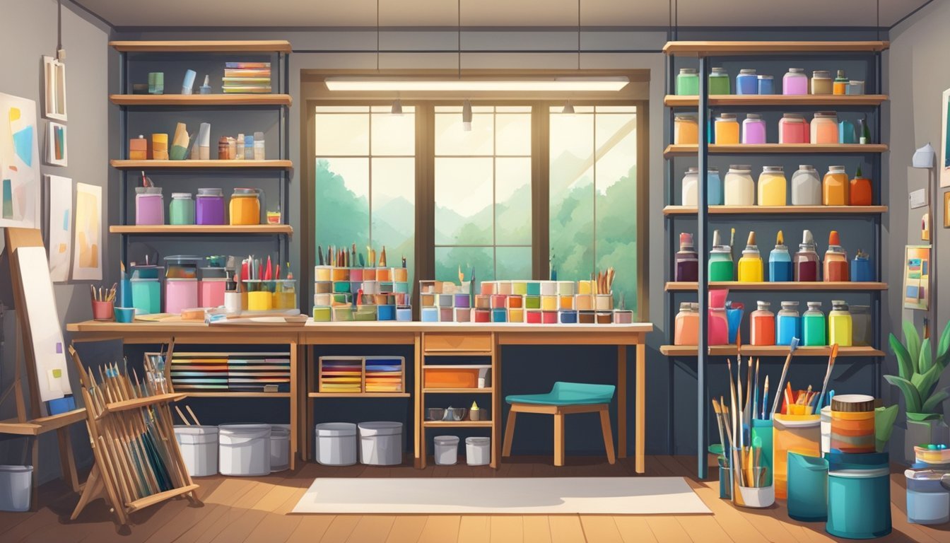 A well-organized art studio with labeled shelves holding various art supplies, including paintbrushes, pencils, and tubes of paint.</p><p>A clean, clutter-free environment with proper storage for each item