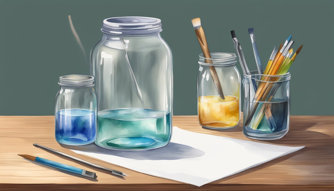 A clear glass jar filled with clean water sits on a wooden table, surrounded by a few basic watercolor tools and a blank sheet of paper