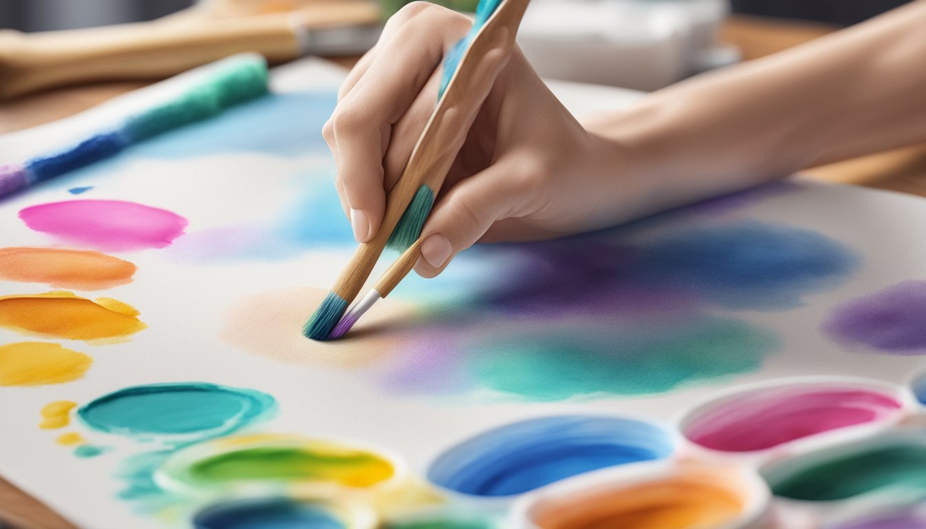 A hand holding a paintbrush, creating colorful watercolor effects on paper towels