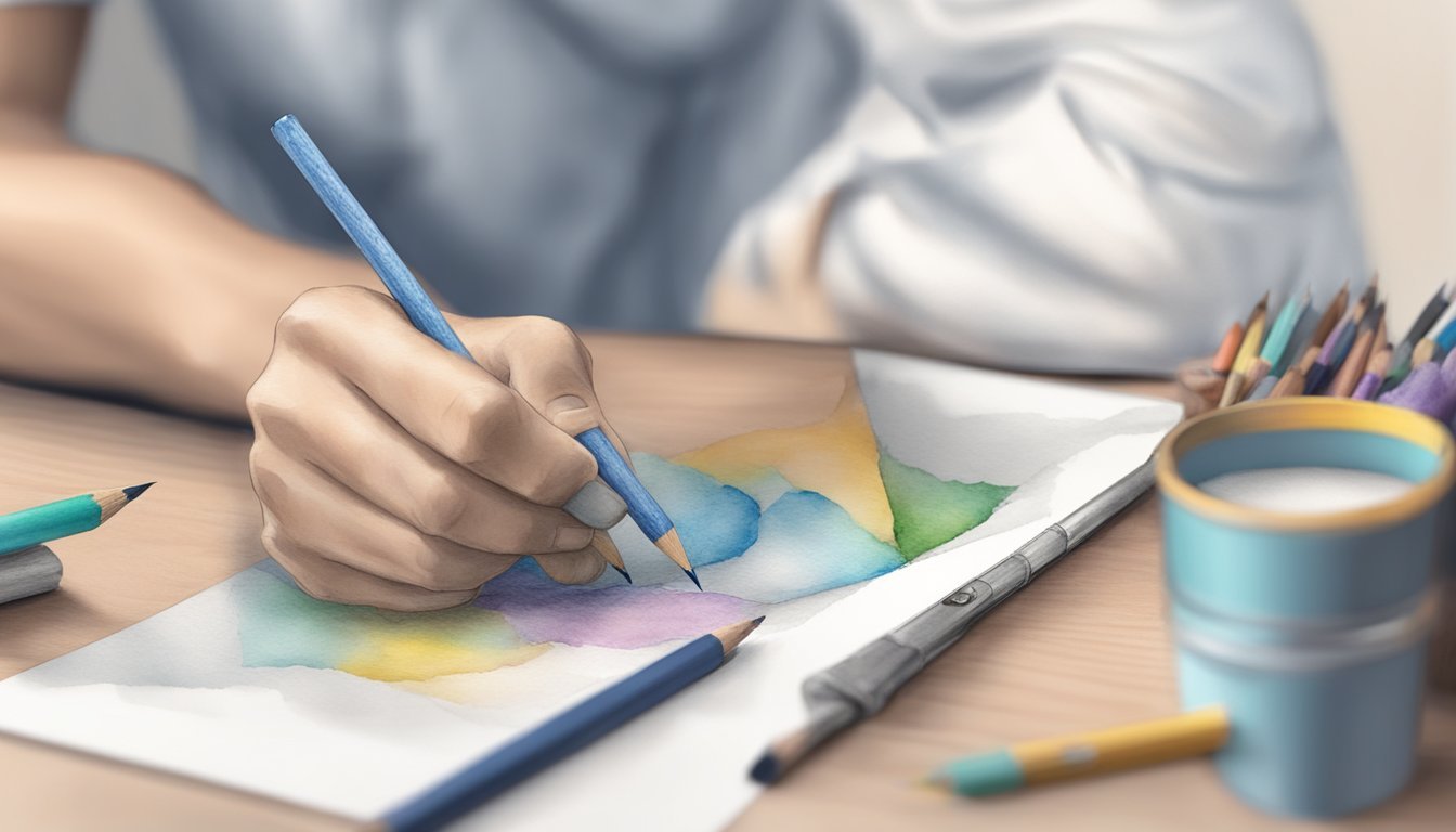 A hand holding a pencil sketching watercolor effects with minimal tools