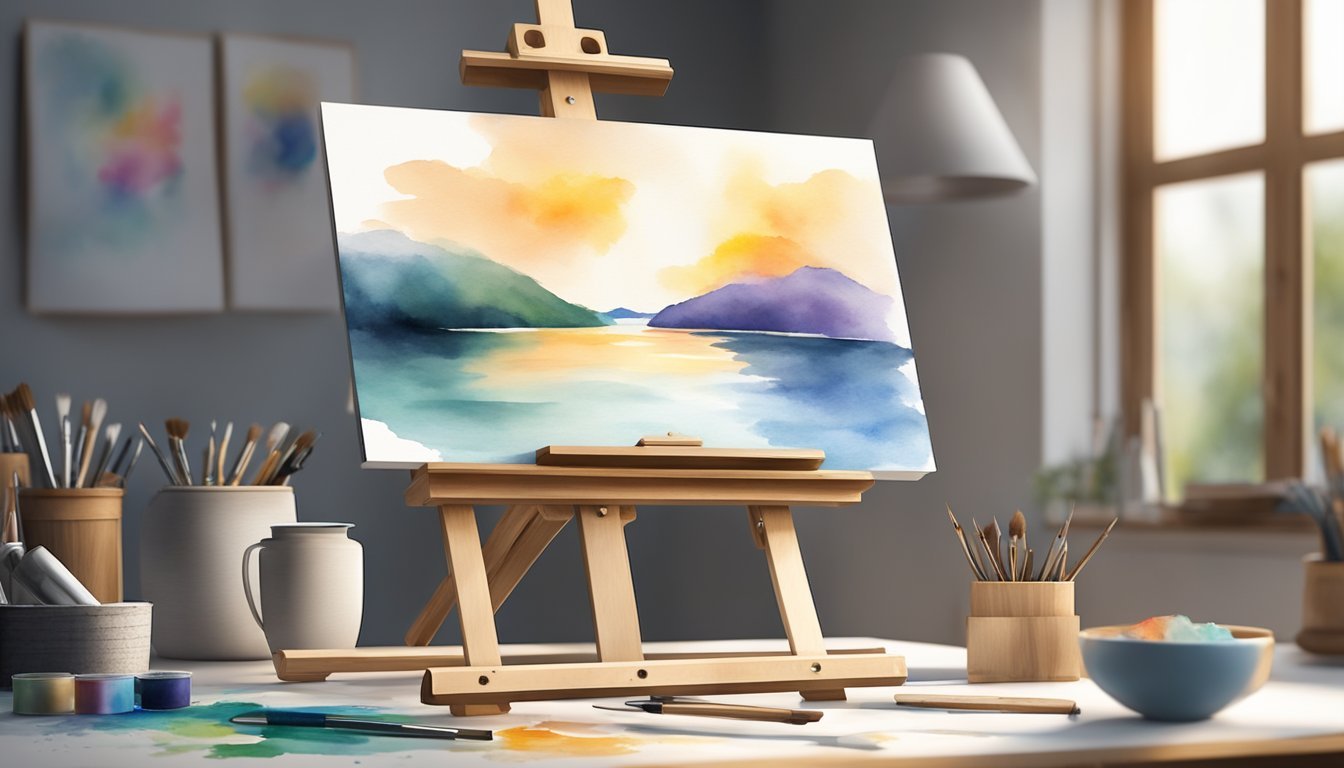 A table easel holds a watercolor painting in progress, with a minimal set of tools nearby for creating stunning effects