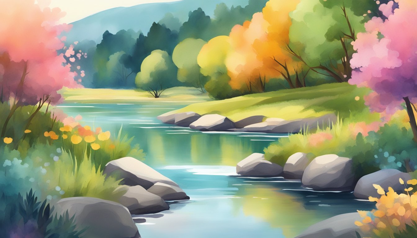 A serene landscape with a flowing river, surrounded by vibrant flora and fauna, painted using minimal watercolor tools