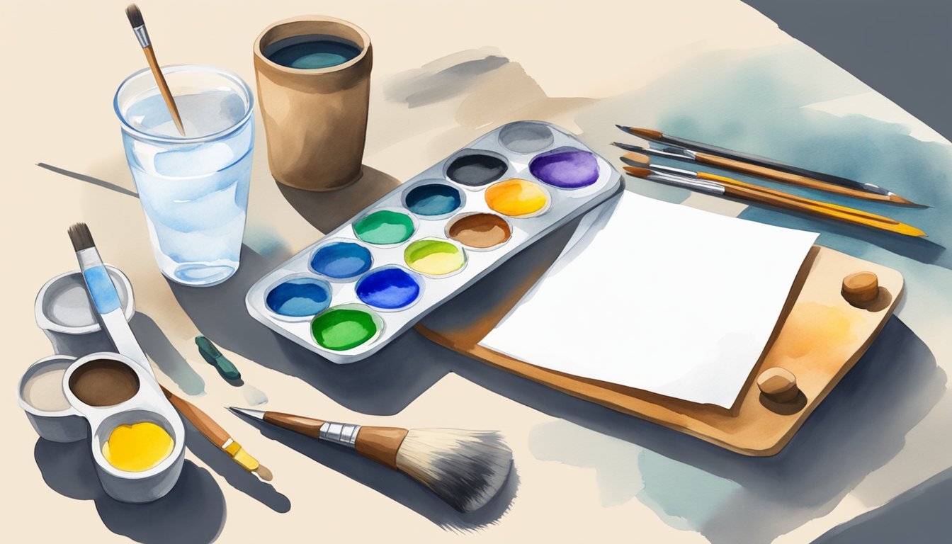 A simple table with a few watercolor paints, brushes, and a cup of water.</p><p>A blank sheet of paper ready for artistic creation